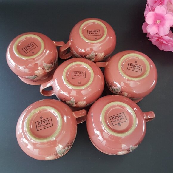 6pc Denby Damask Pink Stoneware Coffee Mug Set 8oz Farmhouse Tea Cups England - Picture 8 of 8